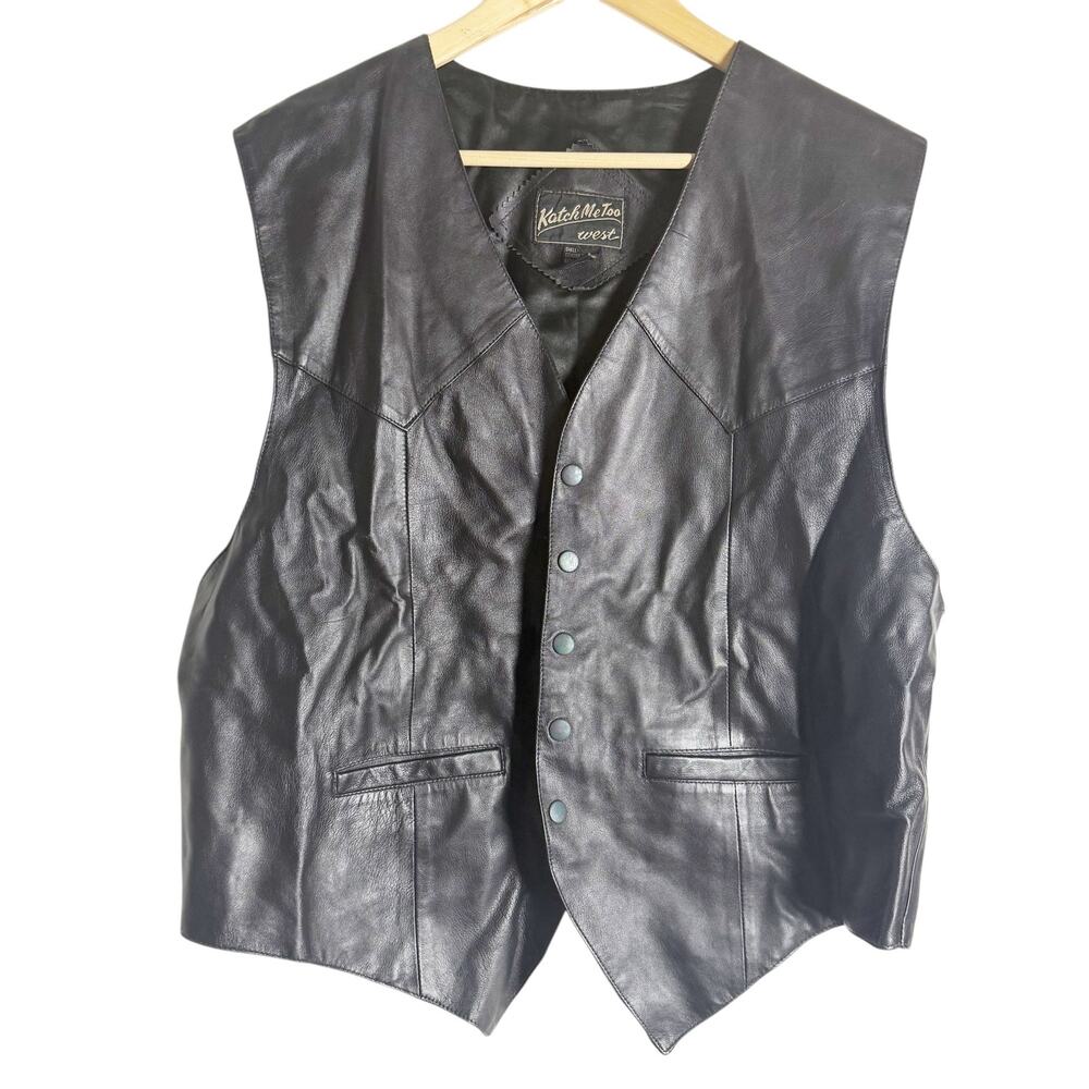 Vintage Katch Me Too West Black Genuine Leather Western Vest Size XXL
